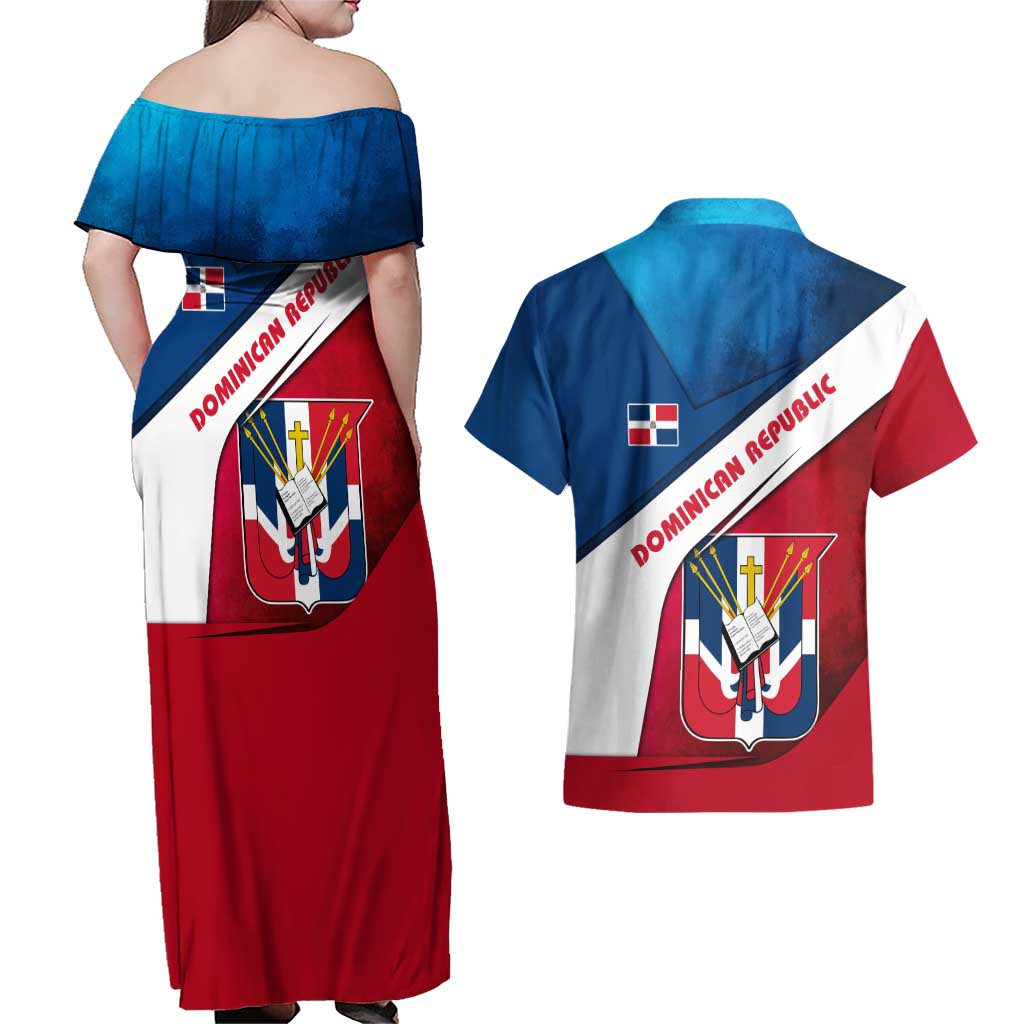 Dominican Republic Flag Couples Matching Off Shoulder Maxi Dress and Hawaiian Shirt with Map National Coat of Arms Island Silhouette - Wonder Print Shop
