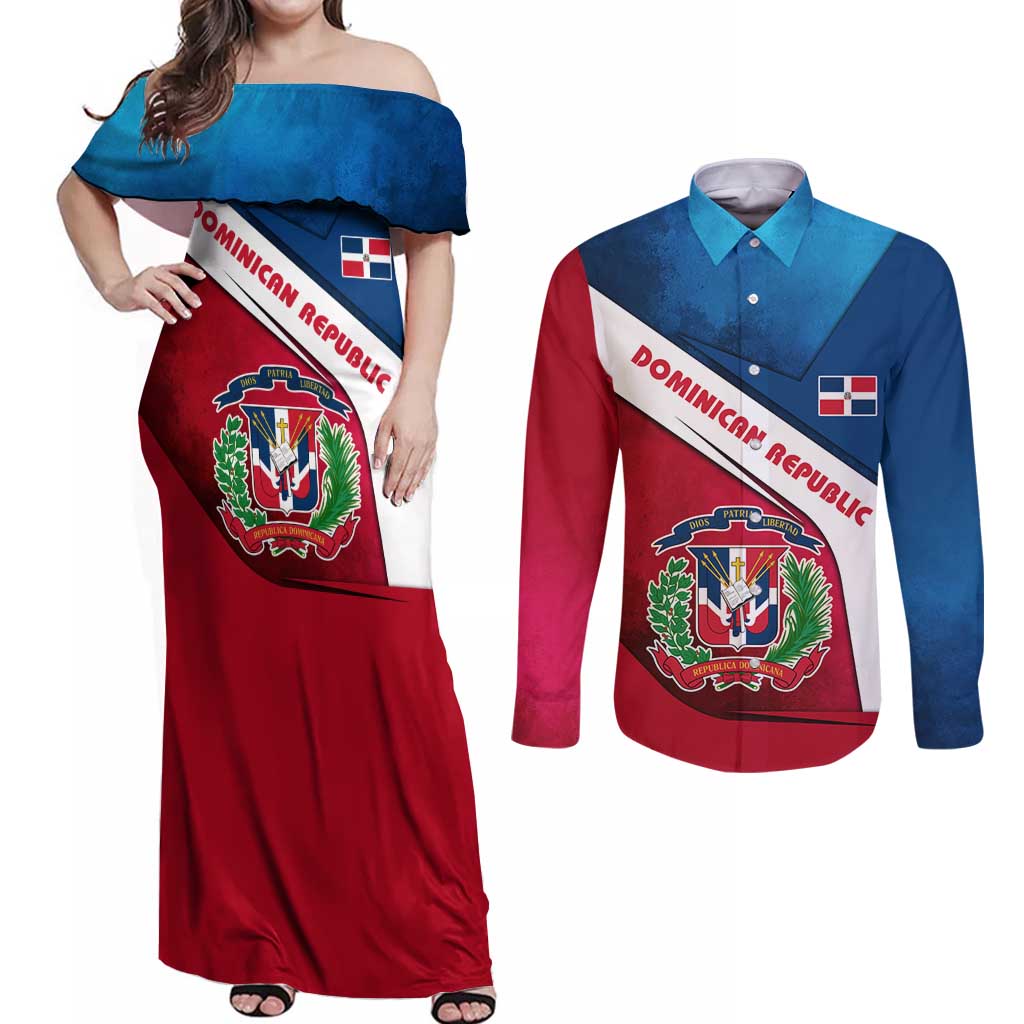 Dominican Republic Flag Couples Matching Off Shoulder Maxi Dress and Long Sleeve Button Shirt with Map National Coat of Arms Island Silhouette - Wonder Print Shop