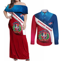 Dominican Republic Flag Couples Matching Off Shoulder Maxi Dress and Long Sleeve Button Shirt with Map National Coat of Arms Island Silhouette - Wonder Print Shop