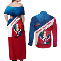 Dominican Republic Flag Couples Matching Off Shoulder Maxi Dress and Long Sleeve Button Shirt with Map National Coat of Arms Island Silhouette - Wonder Print Shop