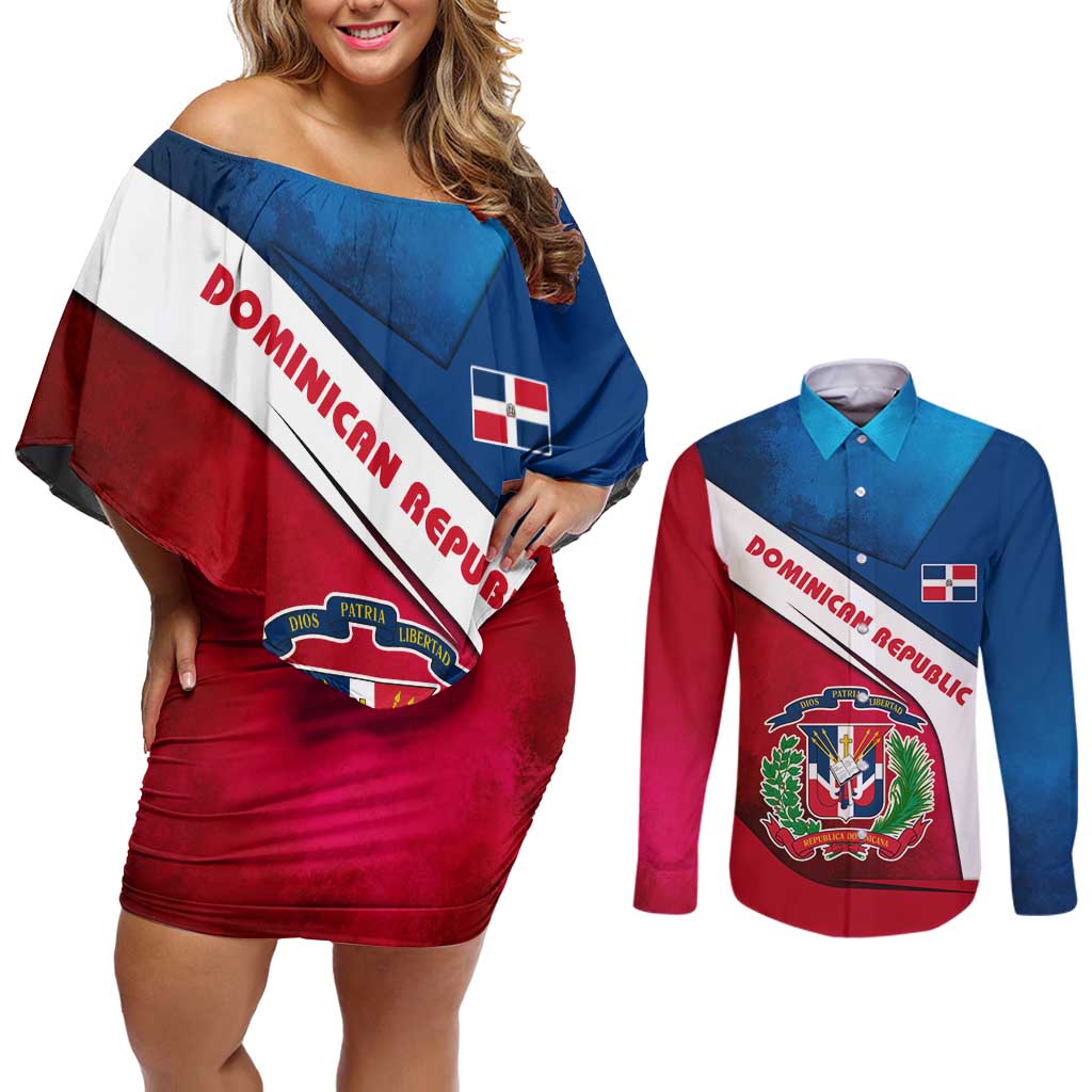 Dominican Republic Flag Couples Matching Off Shoulder Short Dress and Long Sleeve Button Shirt with Map National Coat of Arms Island Silhouette - Wonder Print Shop