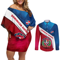Dominican Republic Flag Couples Matching Off Shoulder Short Dress and Long Sleeve Button Shirt with Map National Coat of Arms Island Silhouette - Wonder Print Shop