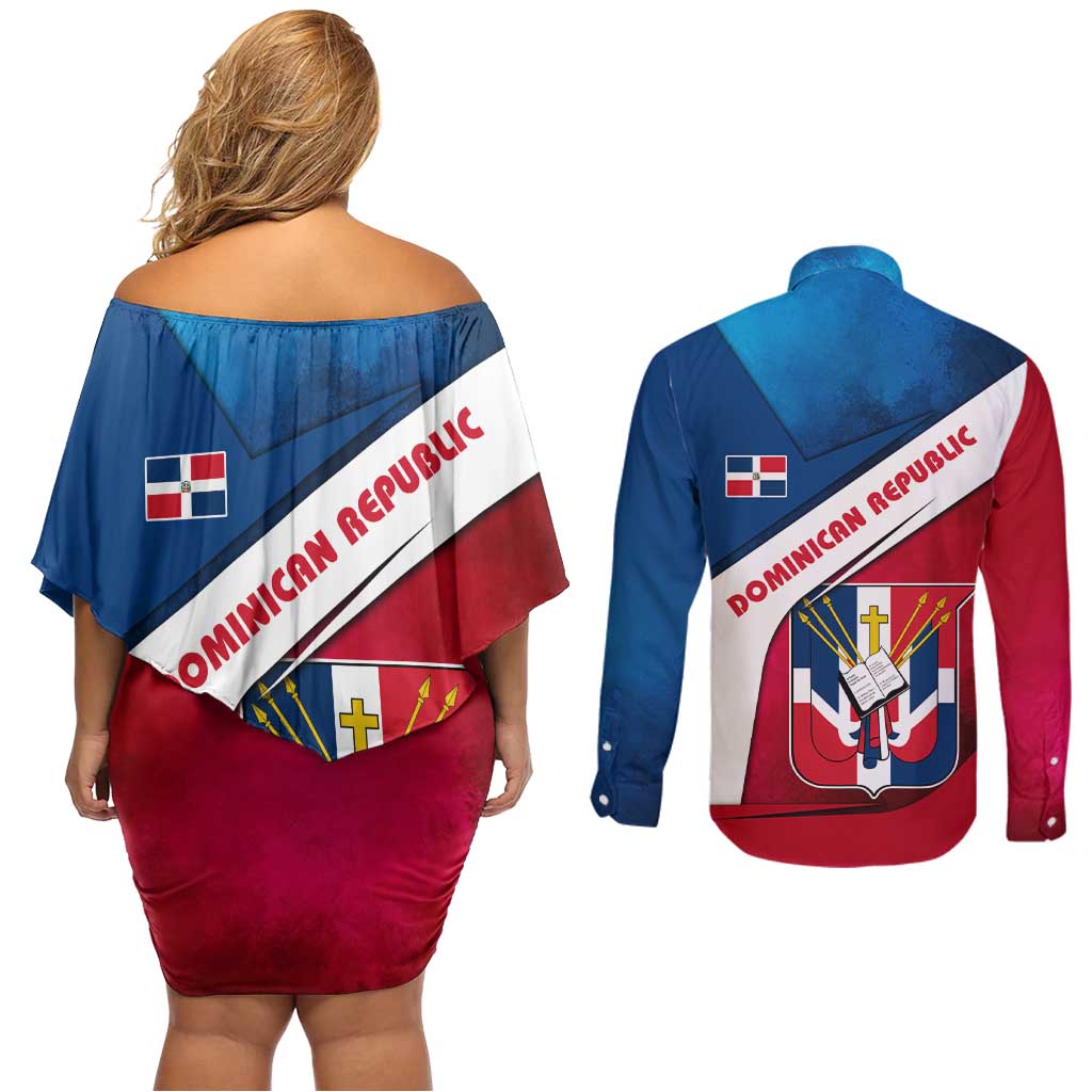 Dominican Republic Flag Couples Matching Off Shoulder Short Dress and Long Sleeve Button Shirt with Map National Coat of Arms Island Silhouette - Wonder Print Shop