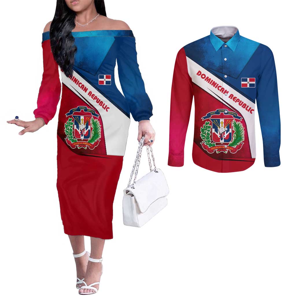 Dominican Republic Flag Couples Matching Off The Shoulder Long Sleeve Dress and Long Sleeve Button Shirt with Map National Coat of Arms Island Silhouette - Wonder Print Shop