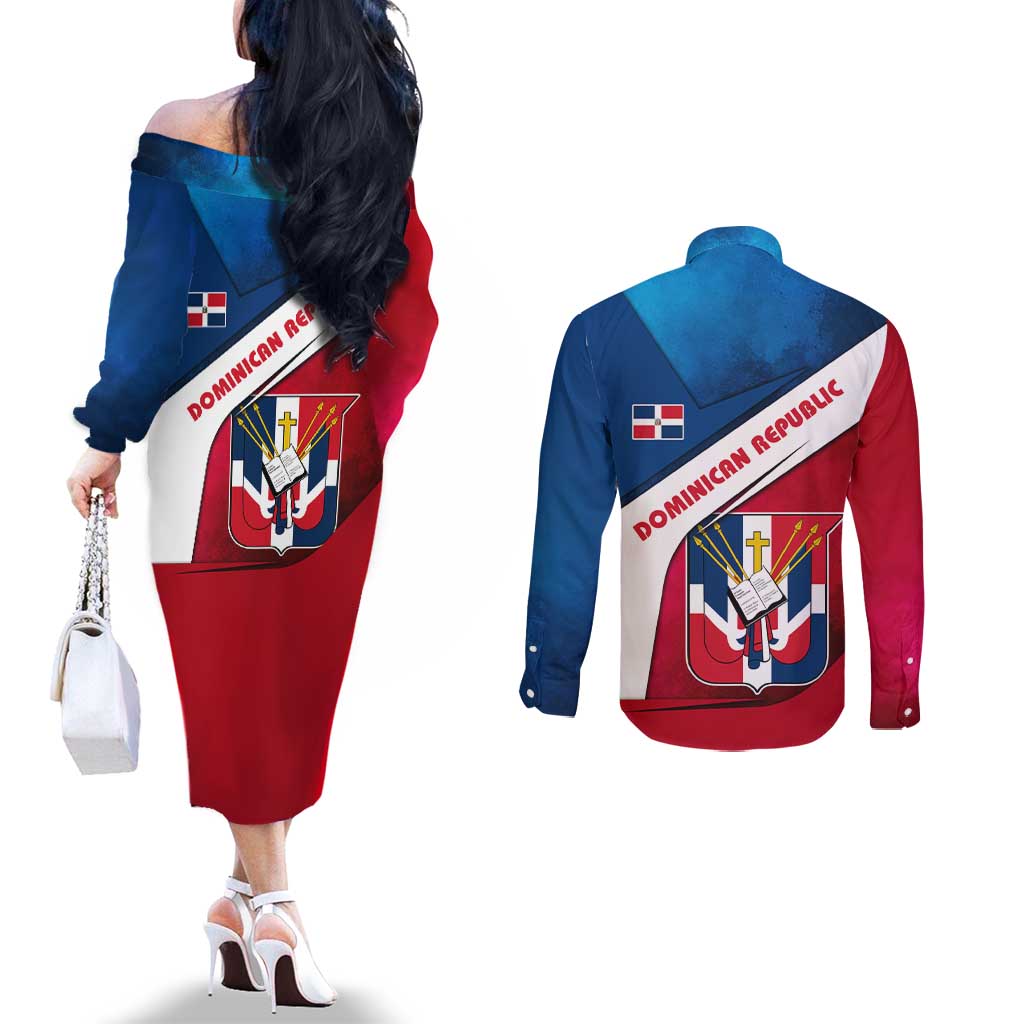 Dominican Republic Flag Couples Matching Off The Shoulder Long Sleeve Dress and Long Sleeve Button Shirt with Map National Coat of Arms Island Silhouette - Wonder Print Shop