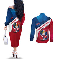 Dominican Republic Flag Couples Matching Off The Shoulder Long Sleeve Dress and Long Sleeve Button Shirt with Map National Coat of Arms Island Silhouette - Wonder Print Shop