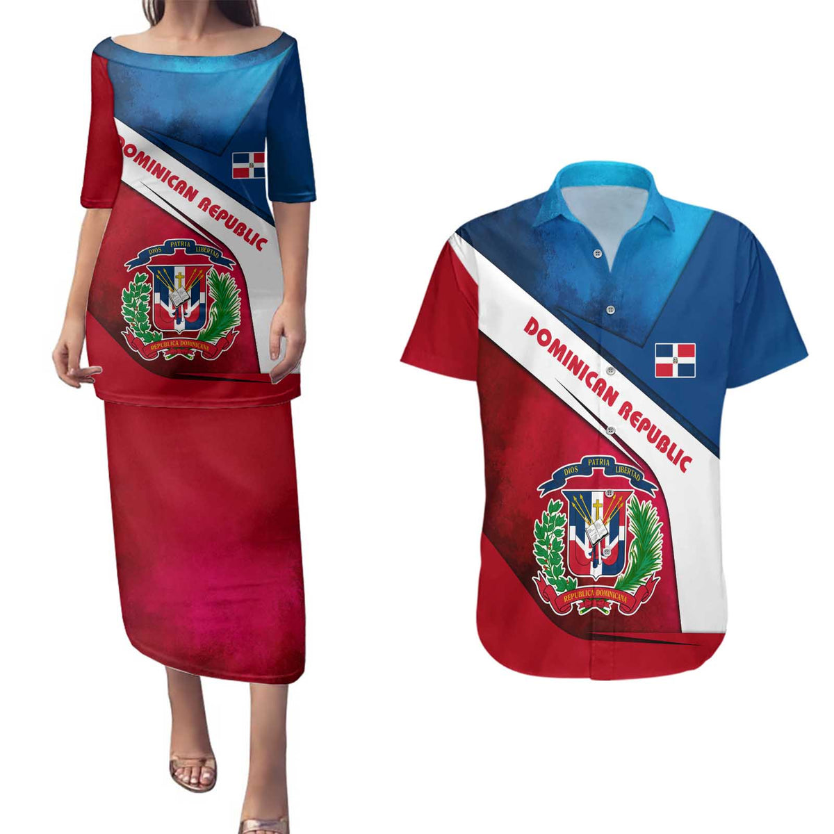 Dominican Republic Flag Couples Matching Puletasi and Hawaiian Shirt with Map National Coat of Arms Island Silhouette - Wonder Print Shop