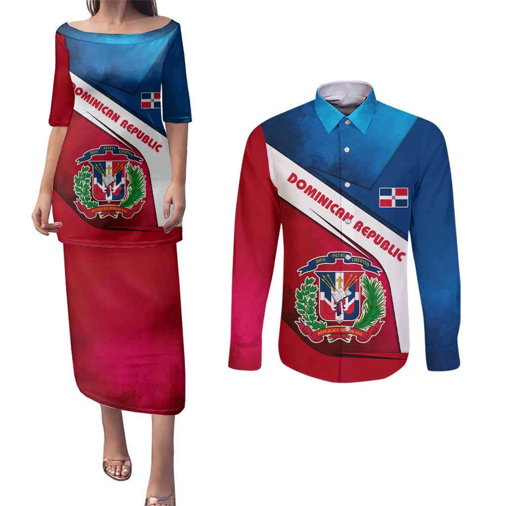 Dominican Republic Flag Couples Matching Puletasi and Long Sleeve Button Shirt with Map National Coat of Arms Island Silhouette - Wonder Print Shop
