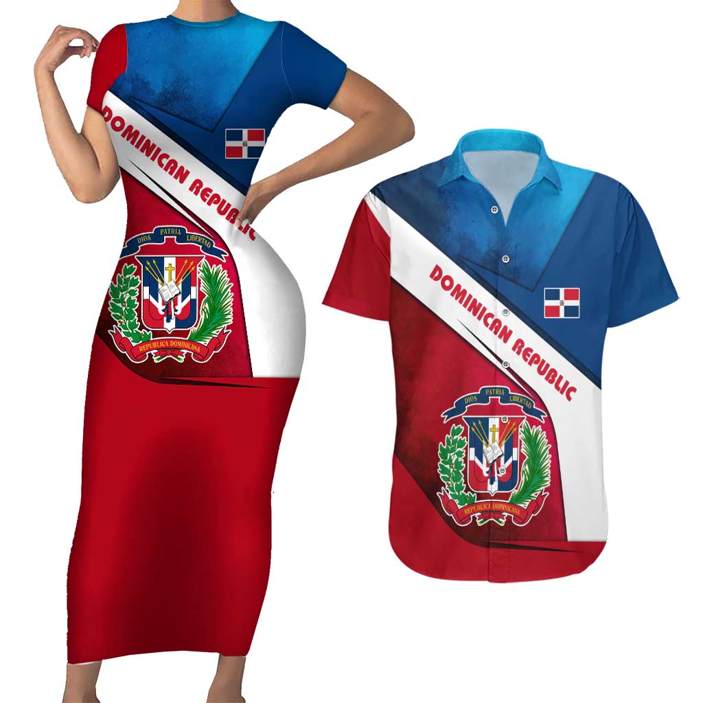 Dominican Republic Flag Couples Matching Short Sleeve Bodycon Dress and Hawaiian Shirt with Map National Coat of Arms Island Silhouette - Wonder Print Shop