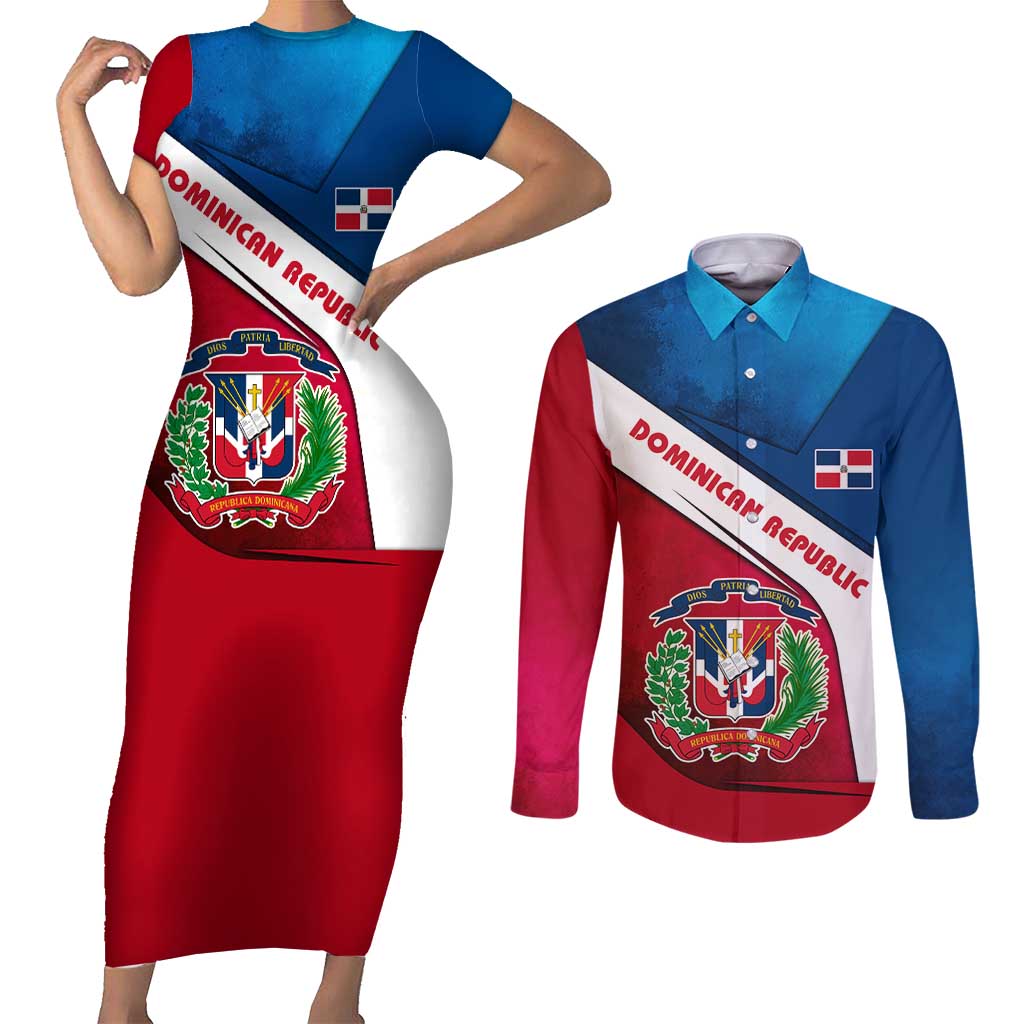 Dominican Republic Flag Couples Matching Short Sleeve Bodycon Dress and Long Sleeve Button Shirt with Map National Coat of Arms Island Silhouette - Wonder Print Shop