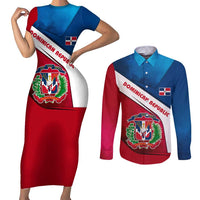 Dominican Republic Flag Couples Matching Short Sleeve Bodycon Dress and Long Sleeve Button Shirt with Map National Coat of Arms Island Silhouette - Wonder Print Shop