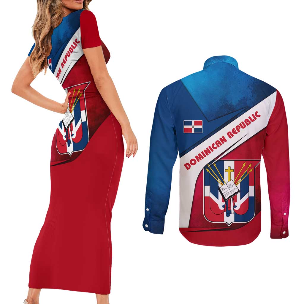 Dominican Republic Flag Couples Matching Short Sleeve Bodycon Dress and Long Sleeve Button Shirt with Map National Coat of Arms Island Silhouette - Wonder Print Shop