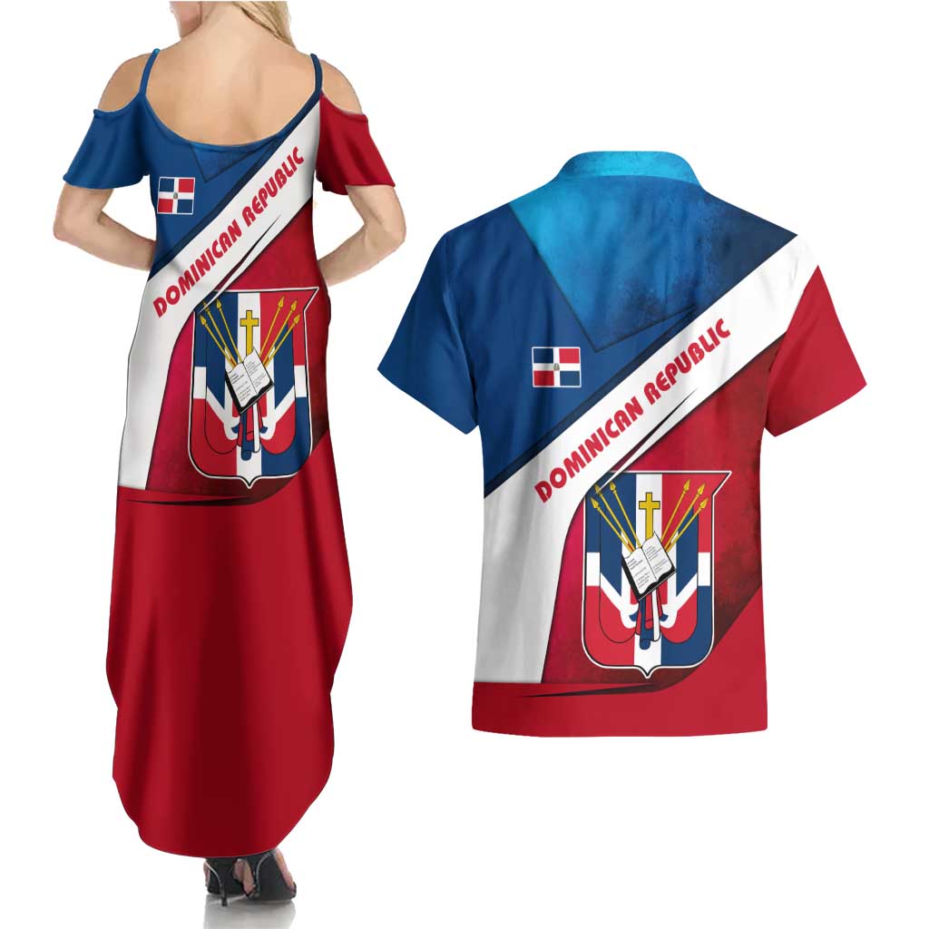 Dominican Republic Flag Couples Matching Summer Maxi Dress and Hawaiian Shirt with Map National Coat of Arms Island Silhouette - Wonder Print Shop