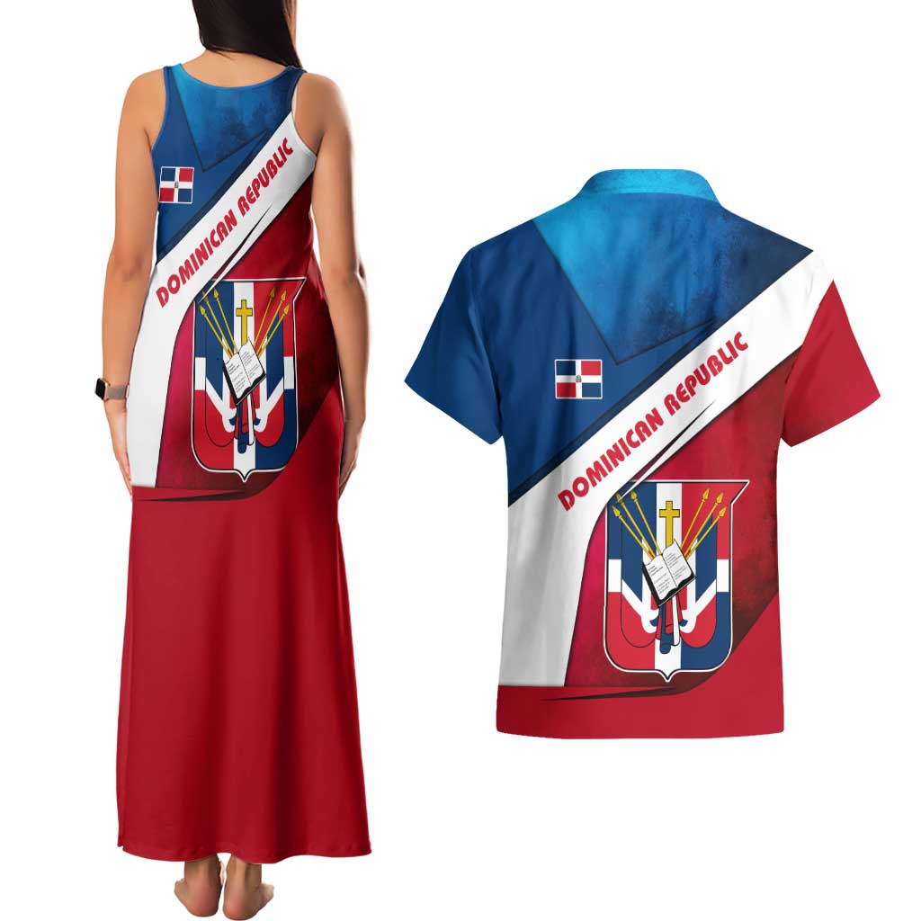 Dominican Republic Flag Couples Matching Tank Maxi Dress and Hawaiian Shirt with Map National Coat of Arms Island Silhouette - Wonder Print Shop