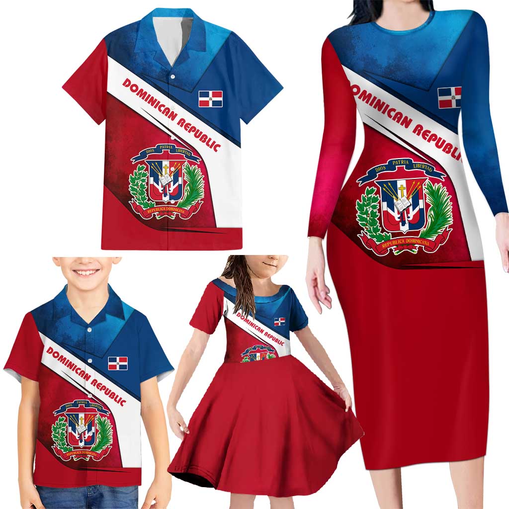 Dominican Republic Flag Family Matching Long Sleeve Bodycon Dress and Hawaiian Shirt with Map National Coat of Arms Island Silhouette - Wonder Print Shop