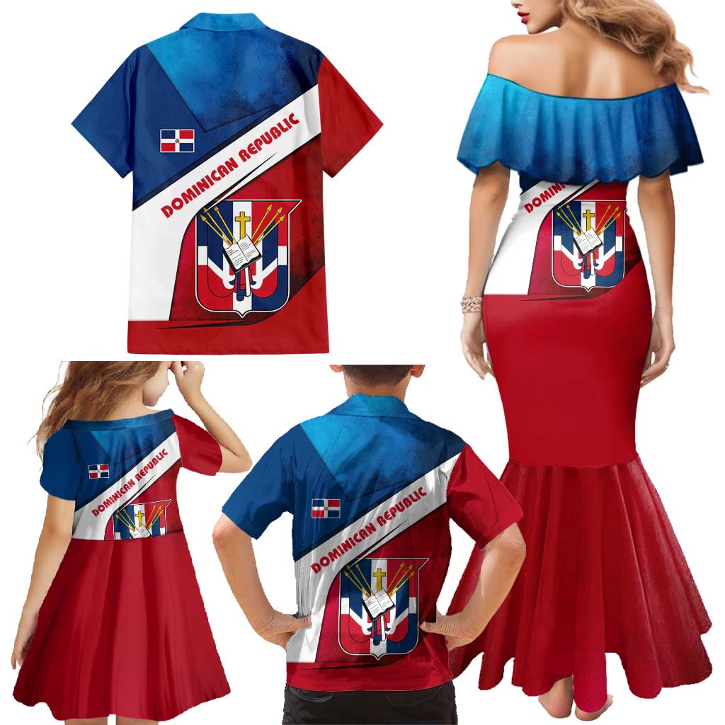 Dominican Republic Flag Family Matching Mermaid Dress and Hawaiian Shirt with Map National Coat of Arms Island Silhouette - Wonder Print Shop