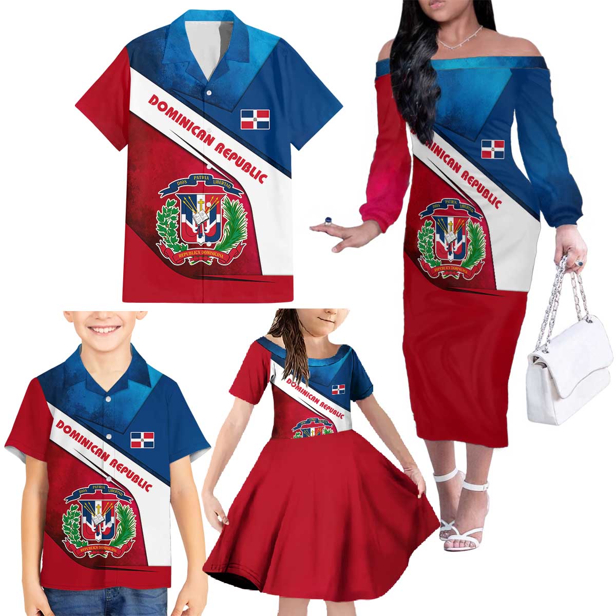 Dominican Republic Flag Family Matching Off The Shoulder Long Sleeve Dress and Hawaiian Shirt with Map National Coat of Arms Island Silhouette - Wonder Print Shop