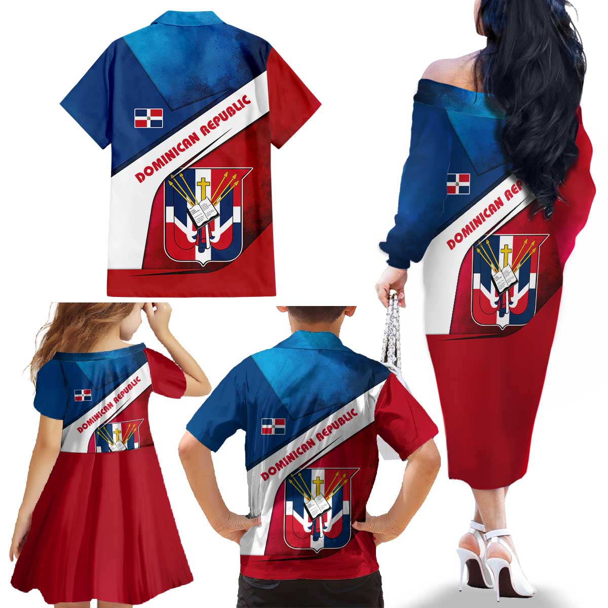 Dominican Republic Flag Family Matching Off The Shoulder Long Sleeve Dress and Hawaiian Shirt with Map National Coat of Arms Island Silhouette - Wonder Print Shop