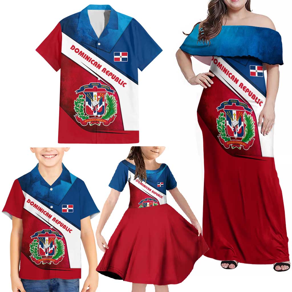 Dominican Republic Flag Family Matching Off Shoulder Maxi Dress and Hawaiian Shirt with Map National Coat of Arms Island Silhouette - Wonder Print Shop