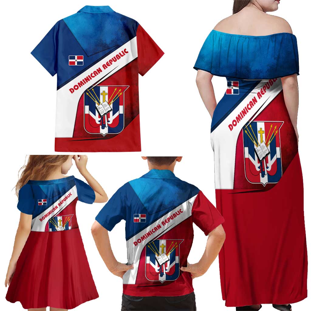 Dominican Republic Flag Family Matching Off Shoulder Maxi Dress and Hawaiian Shirt with Map National Coat of Arms Island Silhouette - Wonder Print Shop