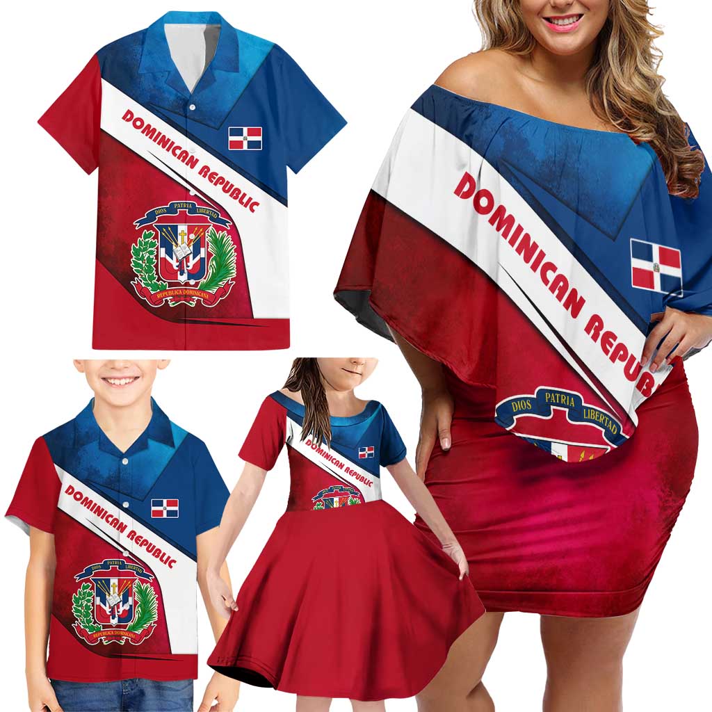 Dominican Republic Flag Family Matching Off Shoulder Short Dress and Hawaiian Shirt with Map National Coat of Arms Island Silhouette - Wonder Print Shop