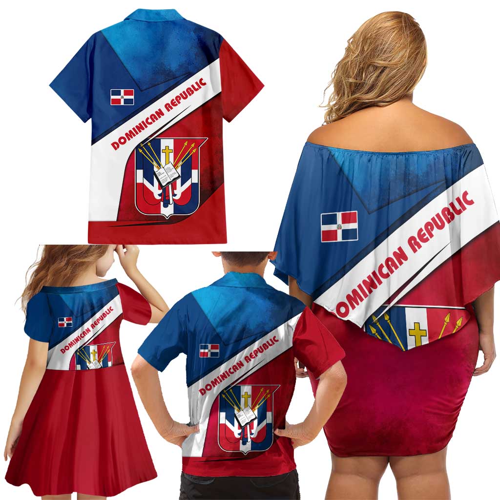 Dominican Republic Flag Family Matching Off Shoulder Short Dress and Hawaiian Shirt with Map National Coat of Arms Island Silhouette - Wonder Print Shop