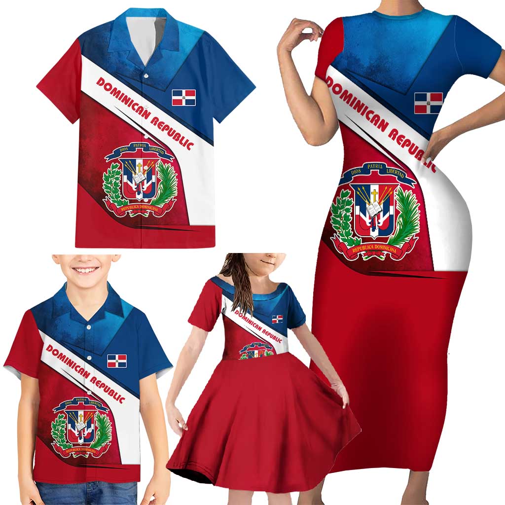 Dominican Republic Flag Family Matching Short Sleeve Bodycon Dress and Hawaiian Shirt with Map National Coat of Arms Island Silhouette - Wonder Print Shop