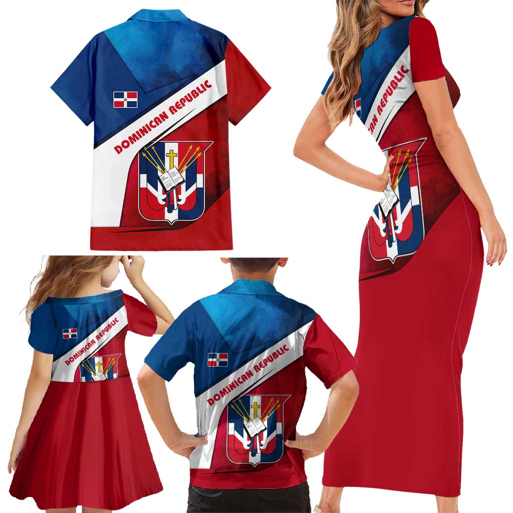 Dominican Republic Flag Family Matching Short Sleeve Bodycon Dress and Hawaiian Shirt with Map National Coat of Arms Island Silhouette - Wonder Print Shop