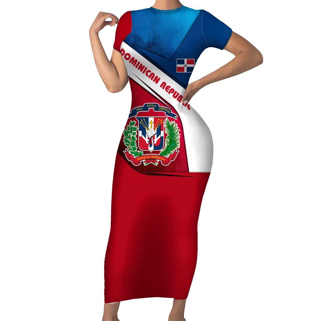 Dominican Republic Flag Family Matching Short Sleeve Bodycon Dress and Hawaiian Shirt with Map National Coat of Arms Island Silhouette - Wonder Print Shop