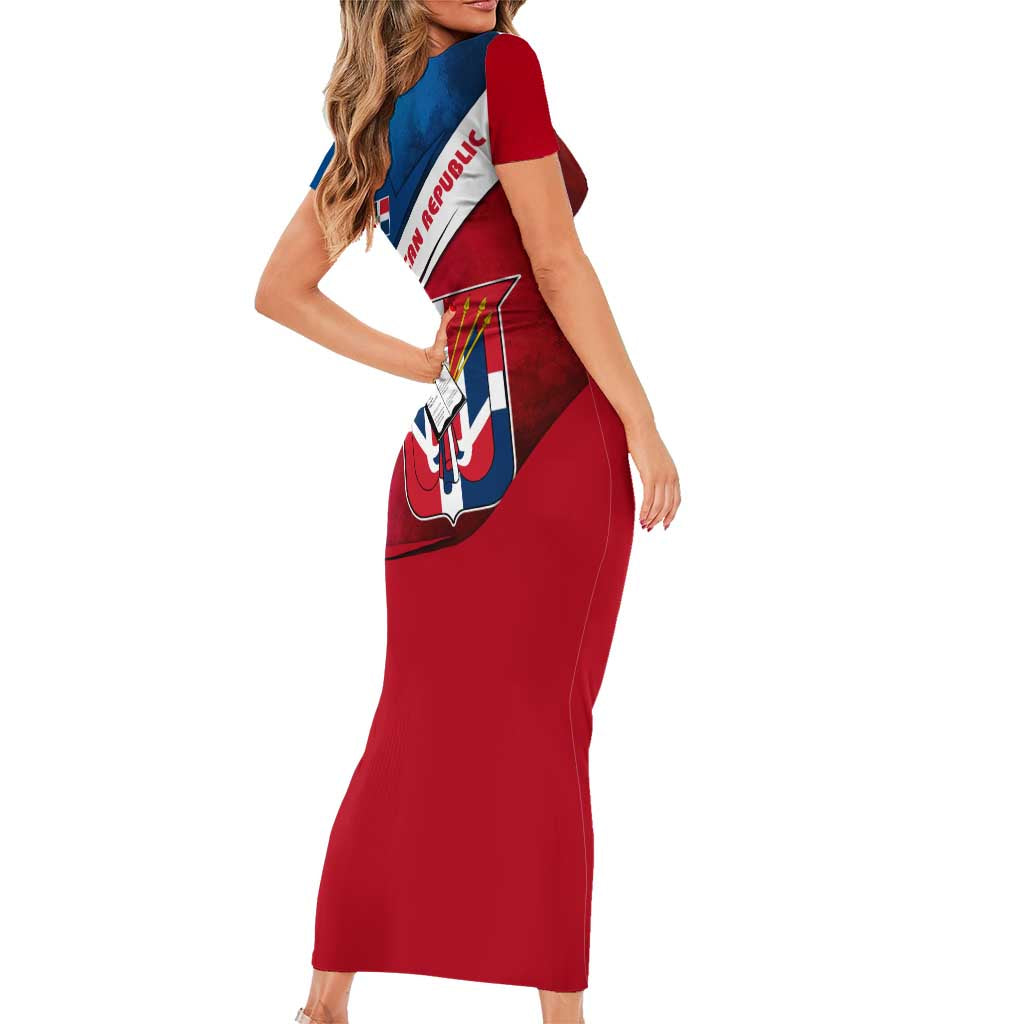 Dominican Republic Flag Family Matching Short Sleeve Bodycon Dress and Hawaiian Shirt with Map National Coat of Arms Island Silhouette - Wonder Print Shop