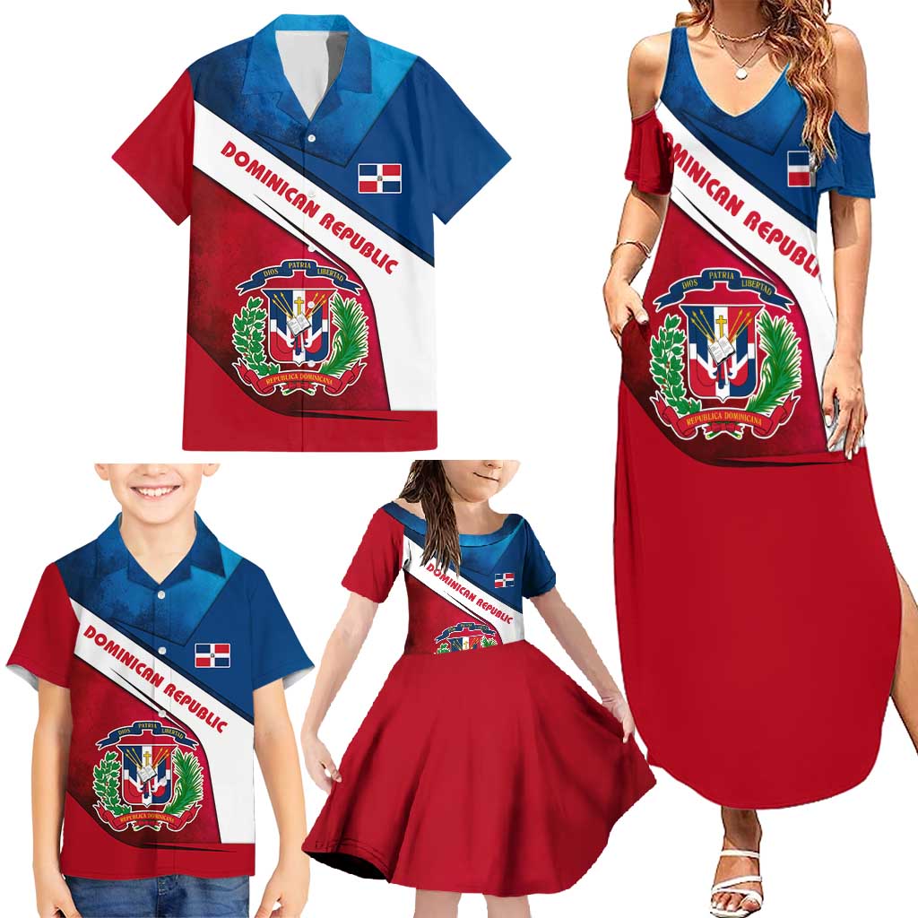 Dominican Republic Flag Family Matching Summer Maxi Dress and Hawaiian Shirt with Map National Coat of Arms Island Silhouette - Wonder Print Shop