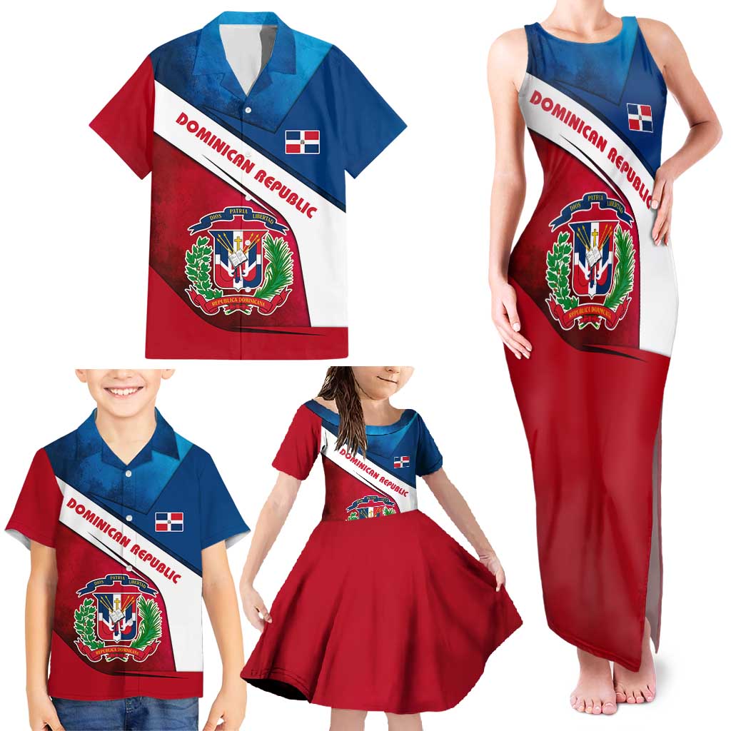 Dominican Republic Flag Family Matching Tank Maxi Dress and Hawaiian Shirt with Map National Coat of Arms Island Silhouette - Wonder Print Shop