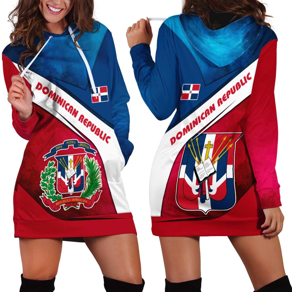 Dominican Republic Flag Hoodie Dress with Map National Coat of Arms Island Silhouette - Wonder Print Shop