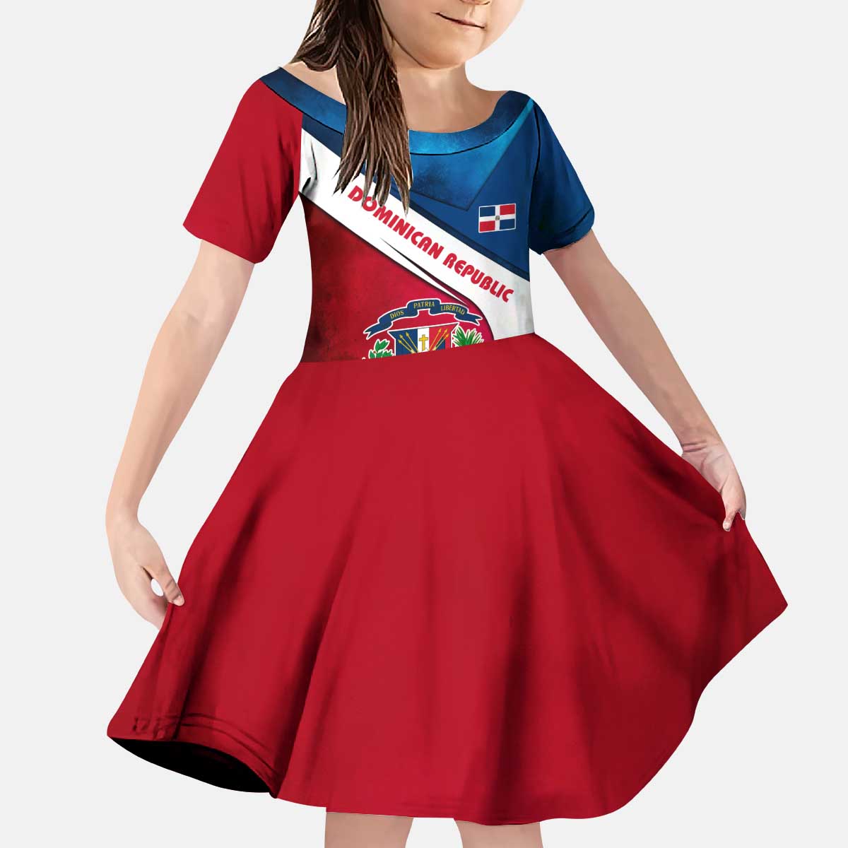 Dominican Republic Flag Kid Short Sleeve Dress with Map National Coat of Arms Island Silhouette - Wonder Print Shop