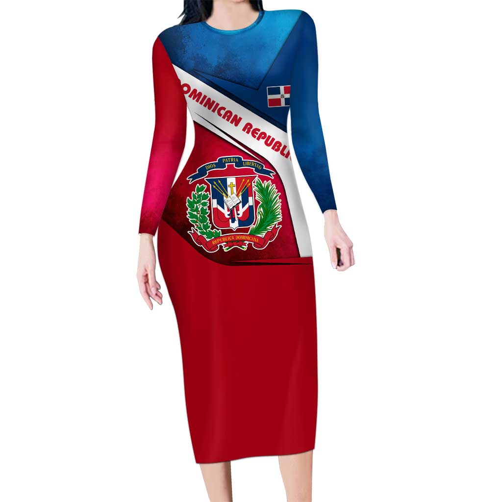 Dominican Republic Flag Long Sleeve Bodycon Dress with Map National Coat of Arms Island Silhouette - Wonder Print Shop