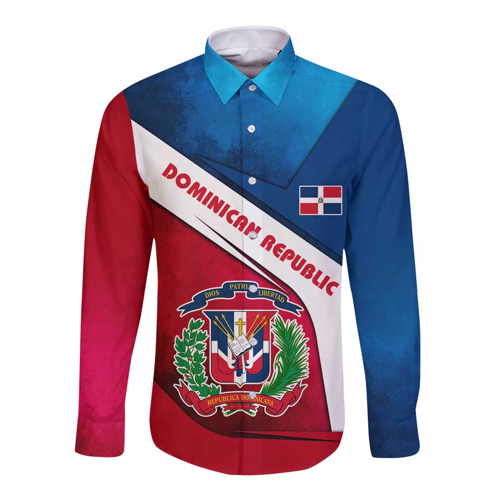 Dominican Republic Flag Long Sleeve Button Shirt with Map National Coat of Arms Island Silhouette - Wonder Print Shop
