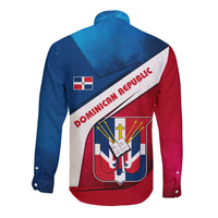 Dominican Republic Flag Long Sleeve Button Shirt with Map National Coat of Arms Island Silhouette - Wonder Print Shop