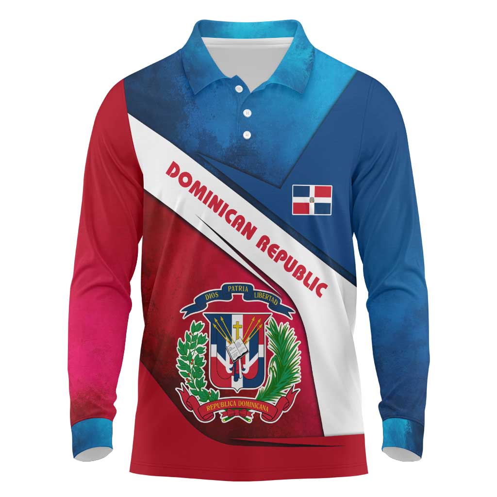 Dominican Republic Flag Long Sleeve Polo Shirt with Map National Coat of Arms Island Silhouette - Wonder Print Shop