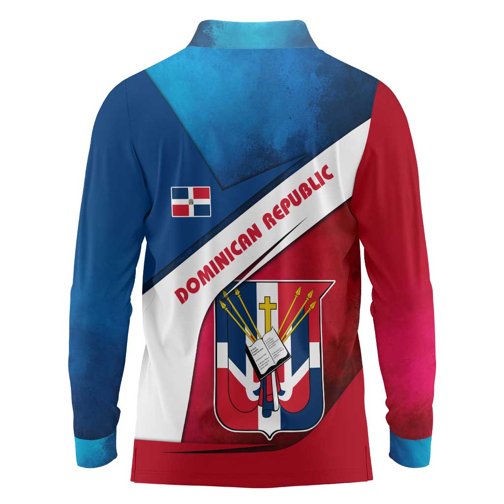 Dominican Republic Flag Long Sleeve Polo Shirt with Map National Coat of Arms Island Silhouette - Wonder Print Shop