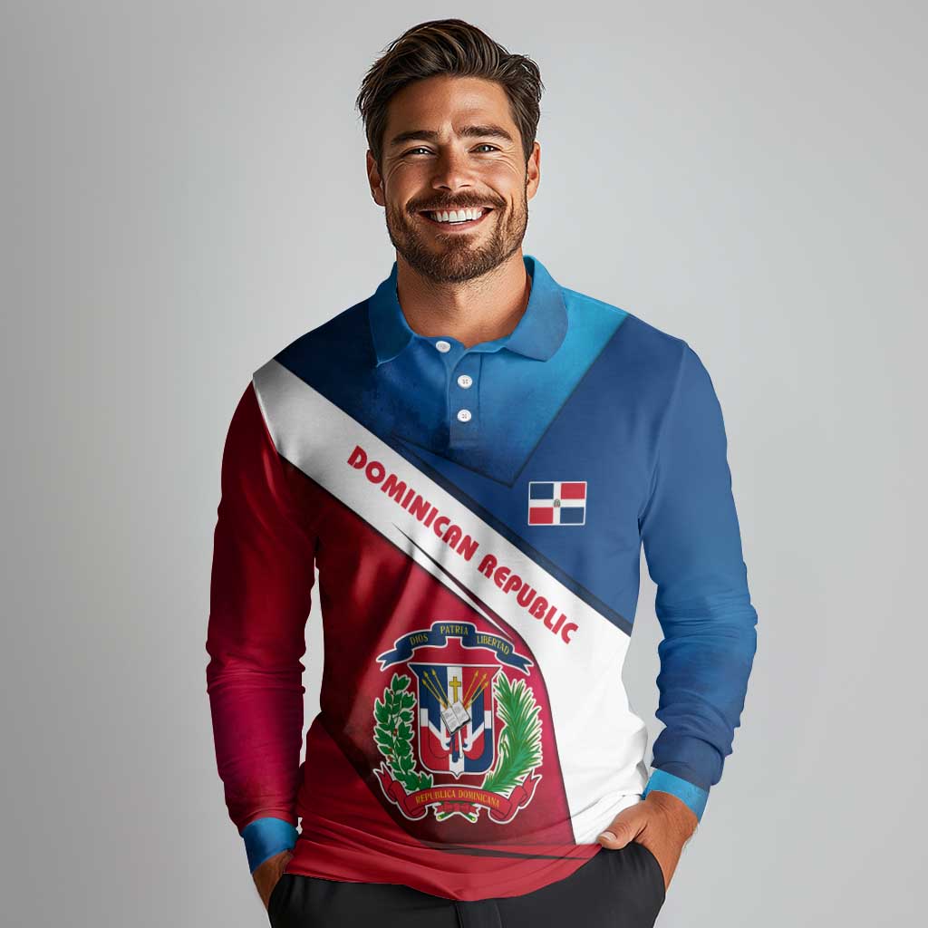 Dominican Republic Flag Long Sleeve Polo Shirt with Map National Coat of Arms Island Silhouette - Wonder Print Shop