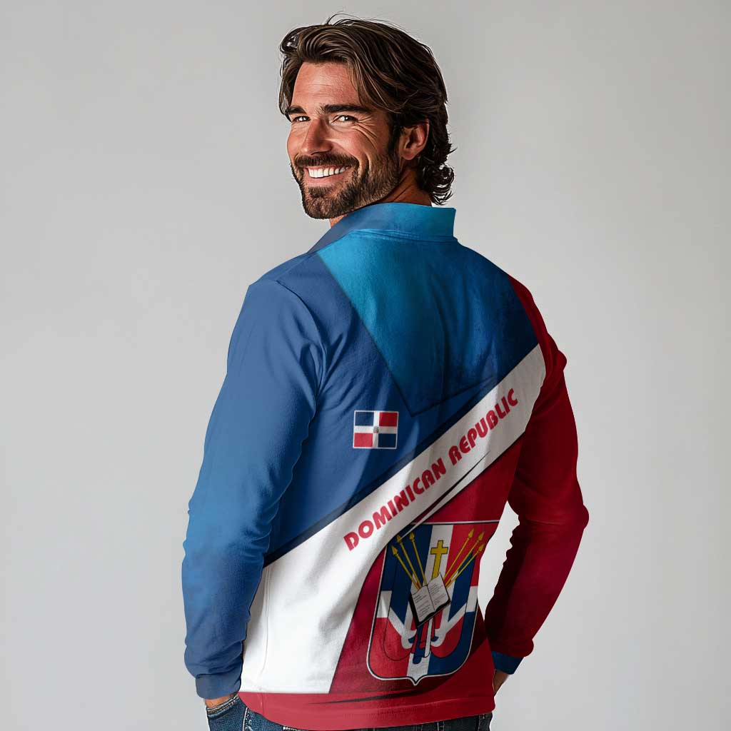 Dominican Republic Flag Long Sleeve Polo Shirt with Map National Coat of Arms Island Silhouette - Wonder Print Shop