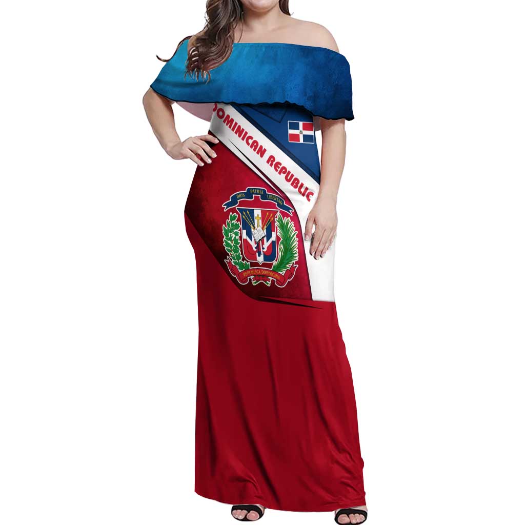 Dominican Republic Flag Off Shoulder Maxi Dress with Map National Coat of Arms Island Silhouette - Wonder Print Shop