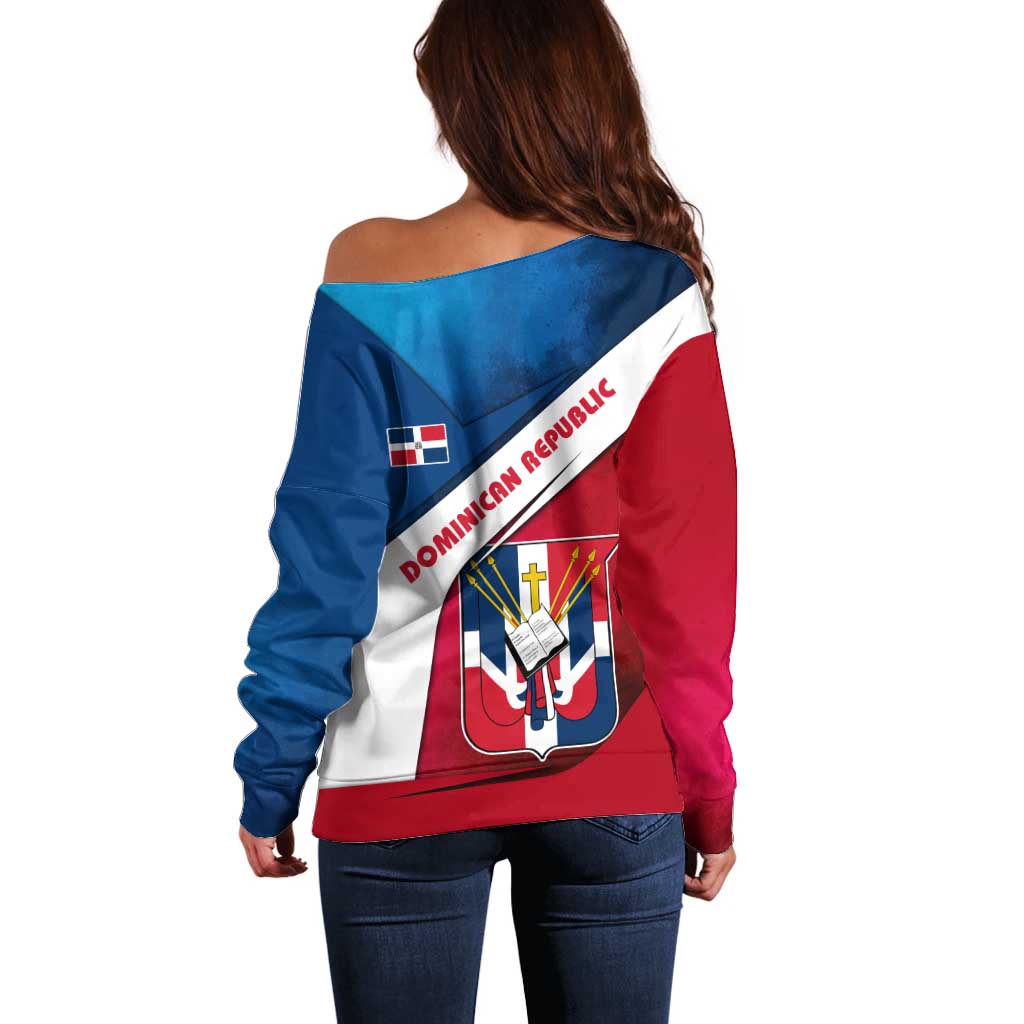 Dominican Republic Flag Off Shoulder Sweater with Map National Coat of Arms Island Silhouette - Wonder Print Shop