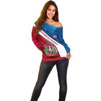 Dominican Republic Flag Off Shoulder Sweater with Map National Coat of Arms Island Silhouette - Wonder Print Shop