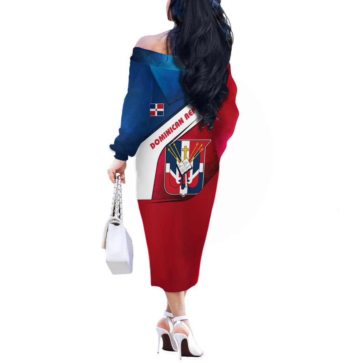 Dominican Republic Flag Off The Shoulder Long Sleeve Dress with Map National Coat of Arms Island Silhouette - Wonder Print Shop