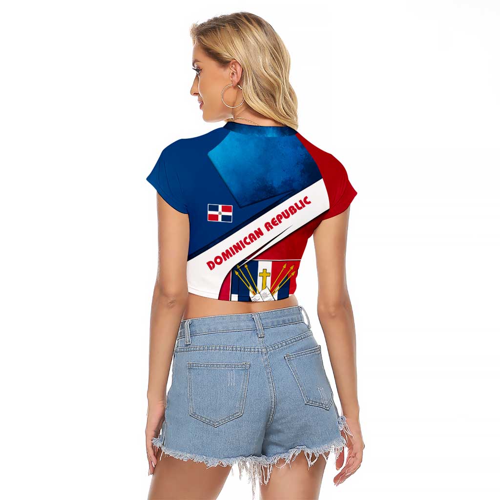 Dominican Republic Flag Raglan Cropped T Shirt with Map National Coat of Arms Island Silhouette - Wonder Print Shop