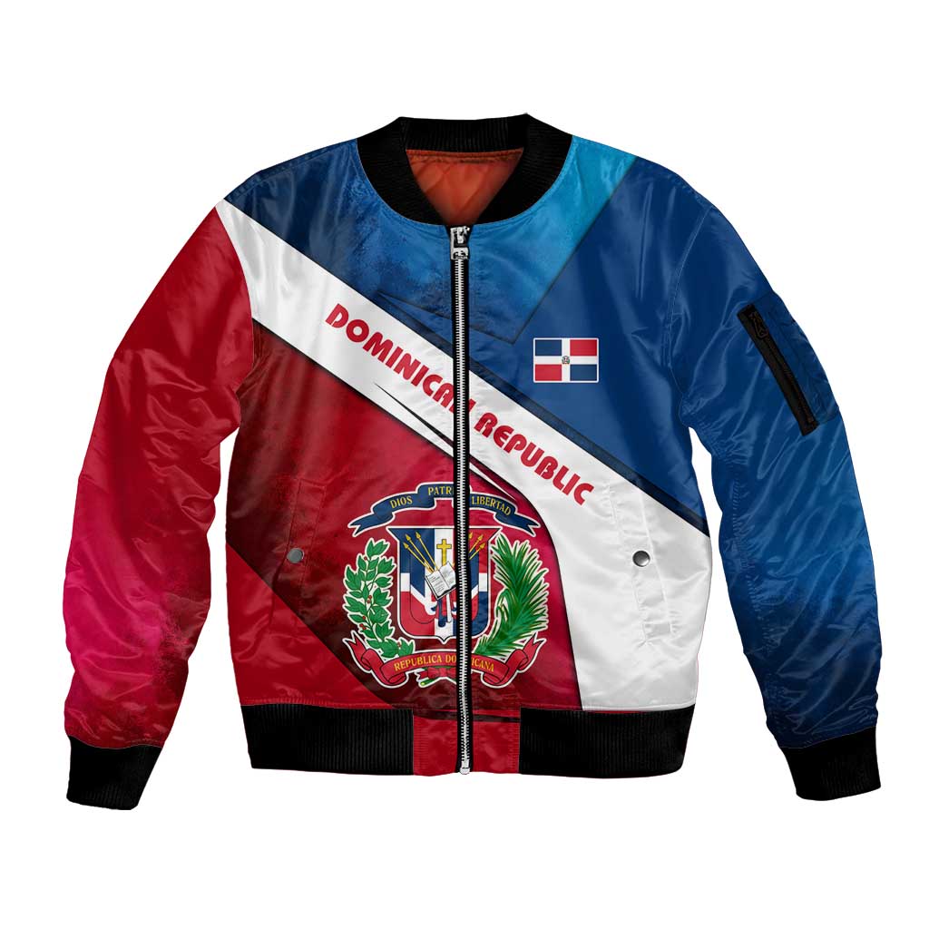 Dominican Republic Flag Sleeve Zip Bomber Jacket with Map National Coat of Arms Island Silhouette - Wonder Print Shop