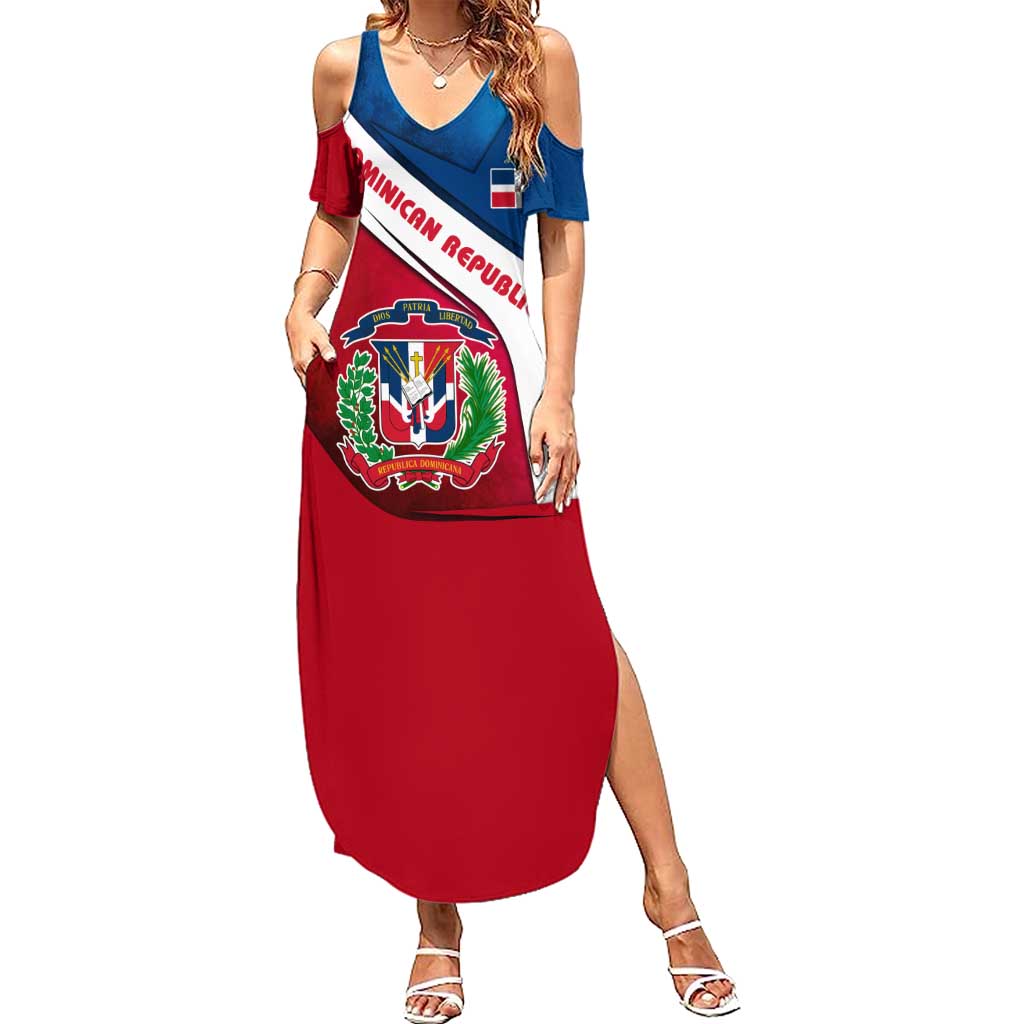 Dominican Republic Flag Summer Maxi Dress with Map National Coat of Arms Island Silhouette - Wonder Print Shop