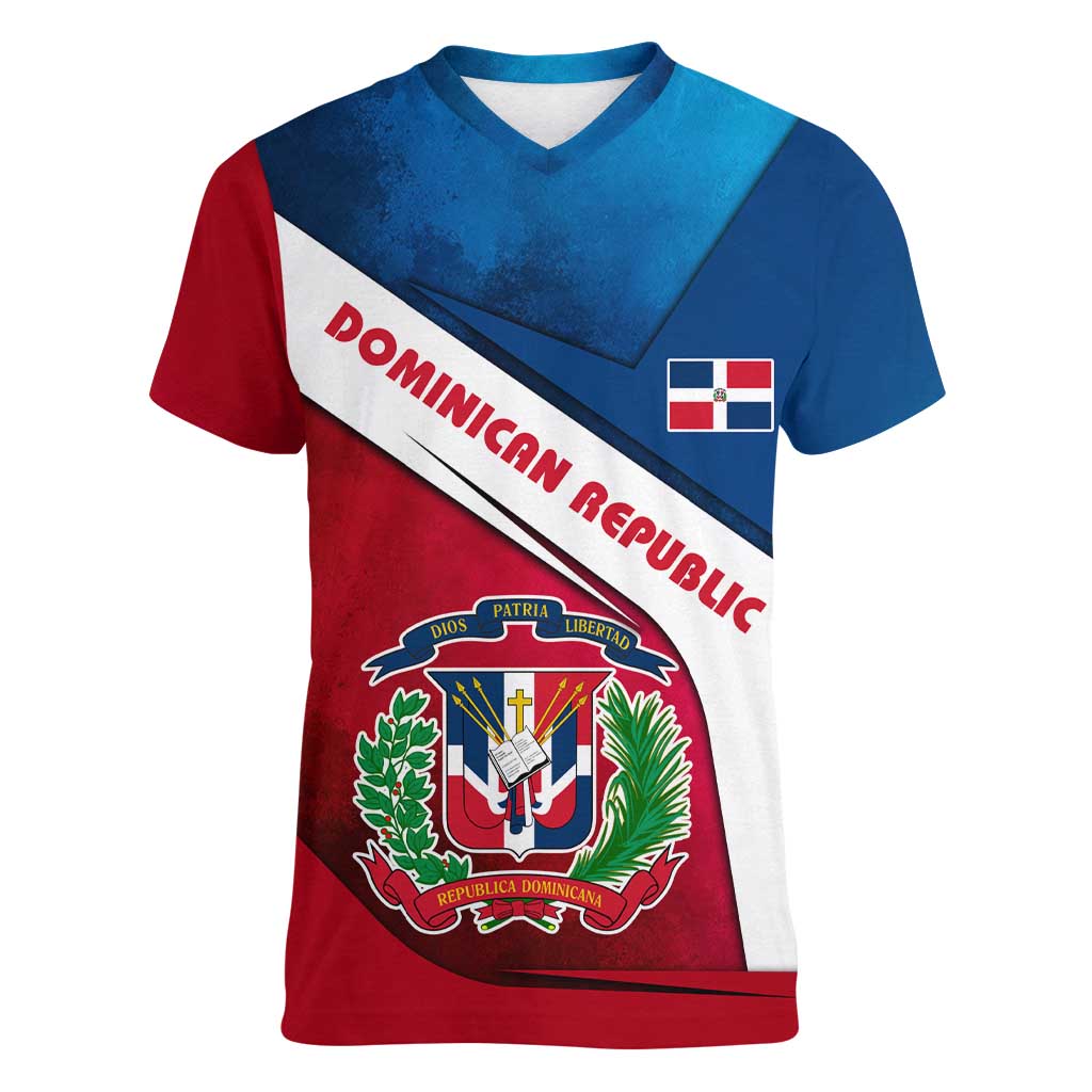 Dominican Republic Flag Women V-Neck T-Shirt with Map National Coat of Arms Island Silhouette - Wonder Print Shop
