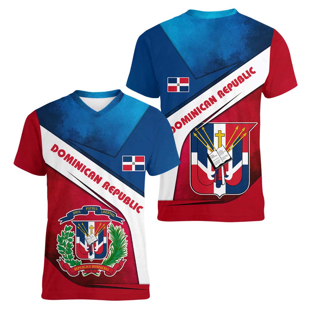 Dominican Republic Flag Women V-Neck T-Shirt with Map National Coat of Arms Island Silhouette - Wonder Print Shop